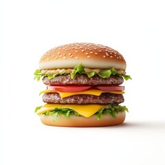 A 3D icon of a simple, cute hamburger with layers of lettuce, tomato, and cheese, set against a clean white background