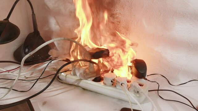 Fire started in room due to overloaded power cube strip on desk near wall.