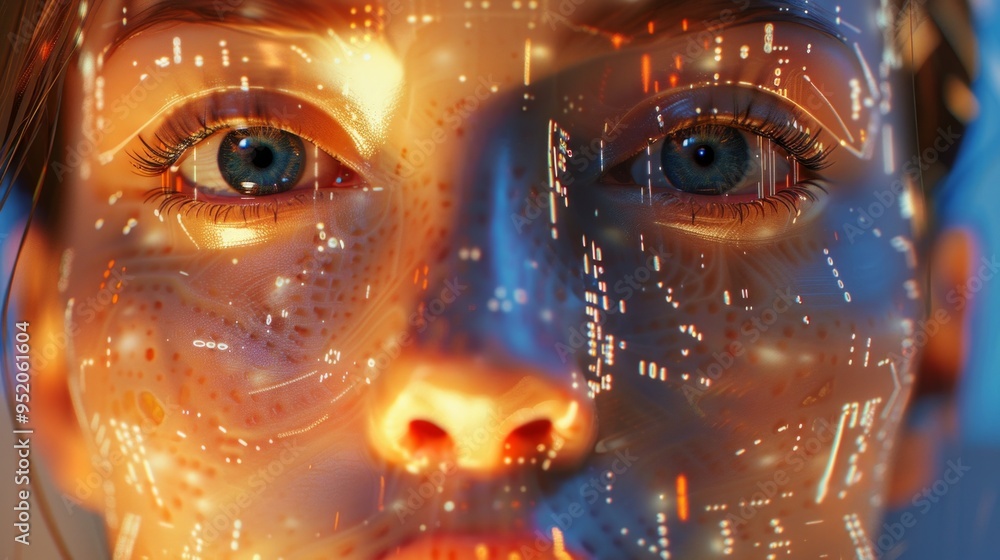 Poster exploring the fusion of technology and identity through ai deepfakes in a mesmerizing digital portra