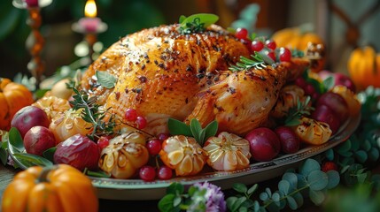 A beautifully roasted turkey garnished with herbs and surrounded by seasonal fruits, perfect for festive celebrations.
