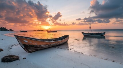 Naklejka premium Zanzibar, Tanzania shot, national geographic style, ocean shore with boats