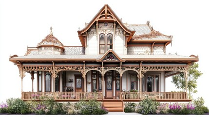 Fototapeta premium A beautifully designed Victorian-style house with intricate details and lush landscaping.