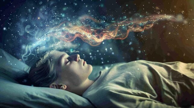 A sleeping person experiences dream analysis as neural networks visualize subconscious thoughts in a serene bedroom setting