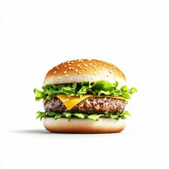 A 3D icon of a simple, cute hamburger with lettuce, cheese, and a juicy beef patty, all enclosed in a sesame seed bun, set against a white background