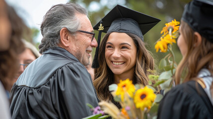 A joyful graduate shares a celebratory moment with a mentor amidst blooming flowers on a bright spring day during graduation