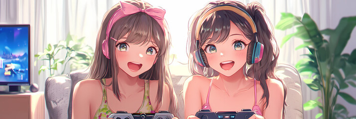 Charming Gamer Girl in Cute Anime Manga Style