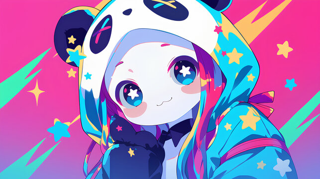 cute panda character wearing anime onesie costume, anime style, cute kawaii, simple, smiling happy. neon psychedelic background