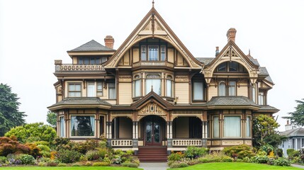 Fototapeta premium A beautifully designed Victorian-style house with intricate details and lush landscaping.