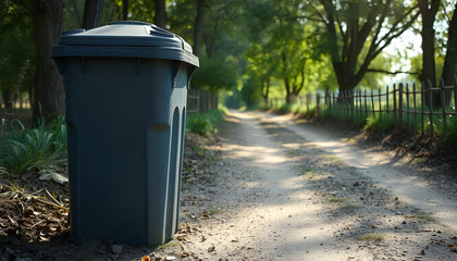 A gray trash can on a dirt path in a rural setting, with trees and sunlight in the background