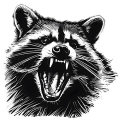 Racoon full aggressive expression black and white illustration