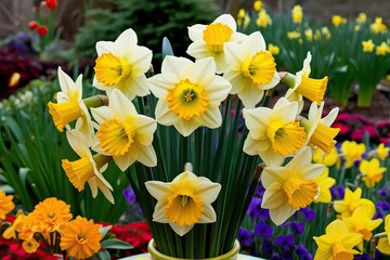 Obraz premium Playful Display of Yellow Daffodils in a Vibrant Garden Landscape