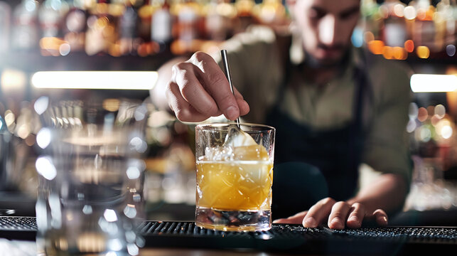a stylish bartender crafting a signature cocktail at a trendy Ibiza bar, with shelves of premium spirits in the background