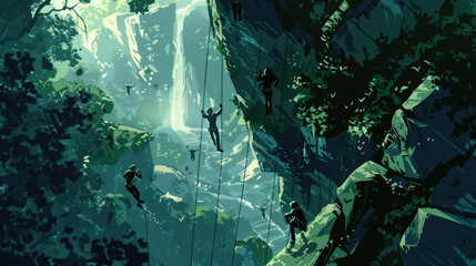 A group of climbers descends a steep cliff, surrounded by vibrant foliage and a stunning waterfall in a remote location