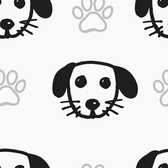 Seamless vector pattern with cute draw fluffy dogs and paws. Simple doodle style