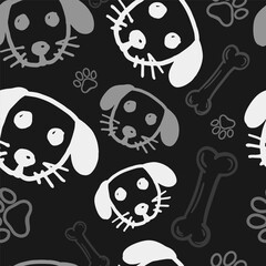 Seamless vector pattern with cute draw fluffy dogs and dog food., paws. Simple doodle style	