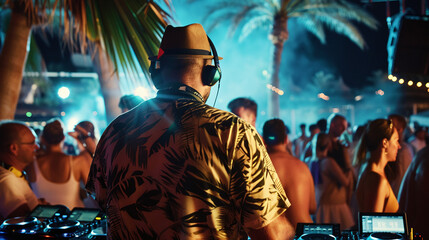 Obraz premium a world-renowned DJ performing at a high-end beach club in Ibiza, with a crowd of affluent party-goers dancing in the foreground