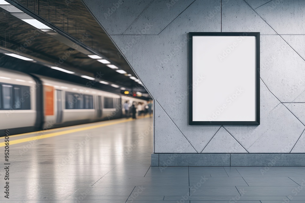 Poster a blank advertisement frame in a subway station with a train in the background.