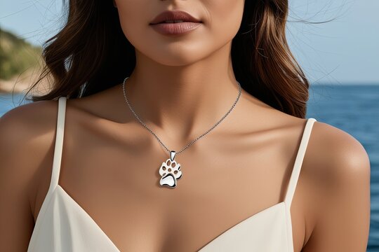 Elegant Pet Necklace Mockup on Woman's Collarbone Highlighting Emotional Beauty and Love for Animals