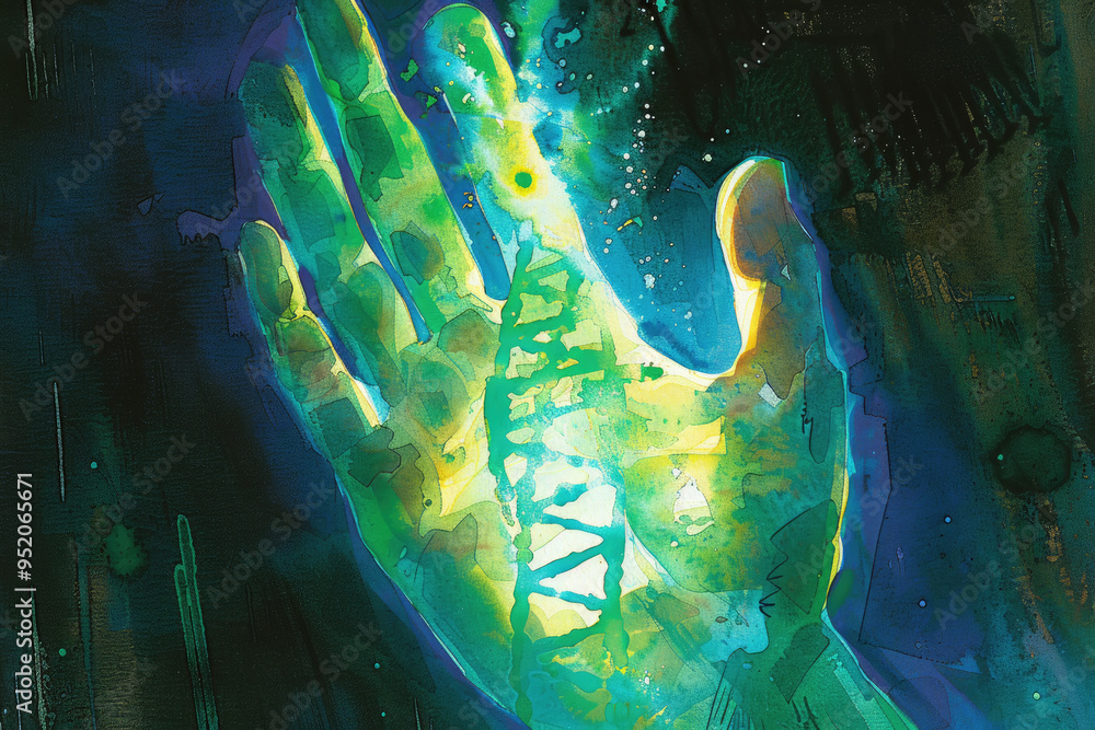 Aufkleber a luminous hand adorned with intricate dna patterns stands out against a colorful, abstract backgrou