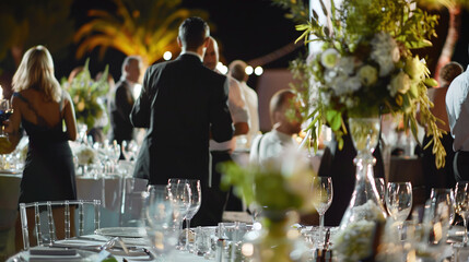 an elegant gala dinner event in Ibiza, showing tables adorned with fine linens, crystal, and floral arrangements, with guests in formal attire mingling