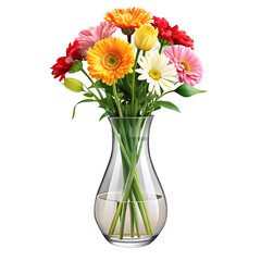 Obraz premium Colorful Flower Bouquet in a Transparent Glass Vase Isolated on White Background as Transparent. PNG. AI GENERATED