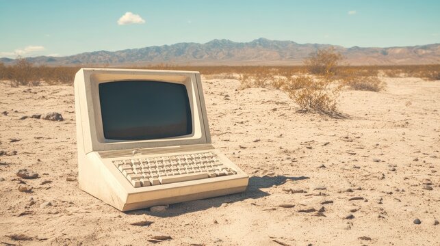 A dusty, outdated computer is left to decay in a barren desert, symbolizing the obsolescence of old technology.