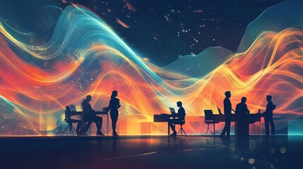 Fototapeta premium Silhouettes of businesspeople working in front of an abstract background.