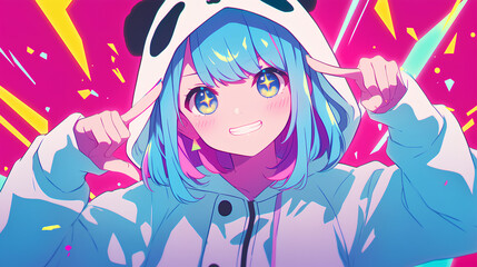 cute panda character wearing anime onesie costume, anime style, cute kawaii, simple, smiling happy. neon psychedelic background