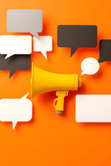 A bright orange background featuring a yellow megaphone with speech bubbles above it. The design is simple and modern, emphasizing communication and announcements.