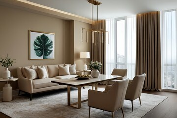 Stylish Modern Beige Living Space with Dining Area and Bright Window for Elegant Home Living