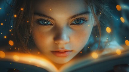 Portrait of a young girl deeply engrossed in reading, soft lighting, cozy and inviting room, International Literacy Day theme, focus on education and empowerment