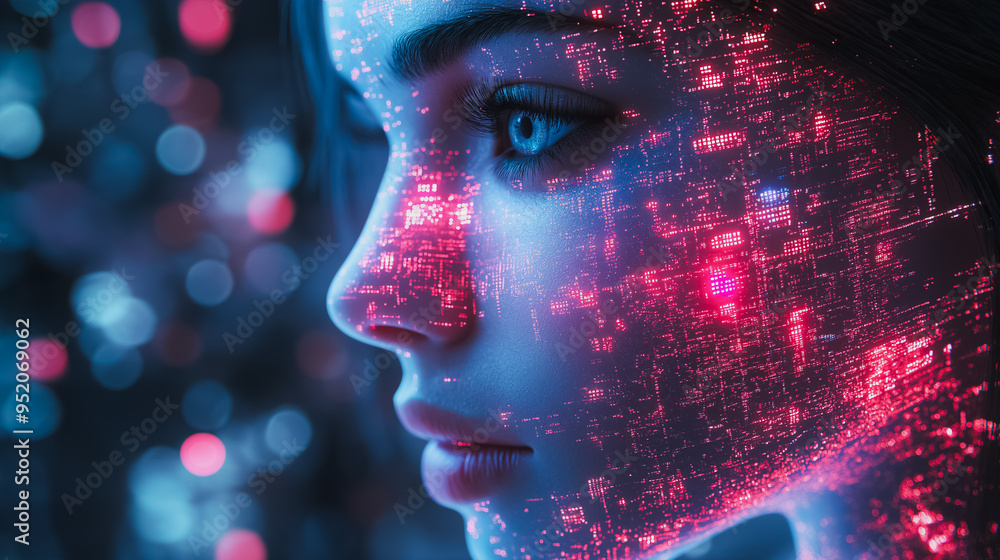 Aufkleber a woman's face is shown in a computer generated image with a blue eye and red lines. the image has a