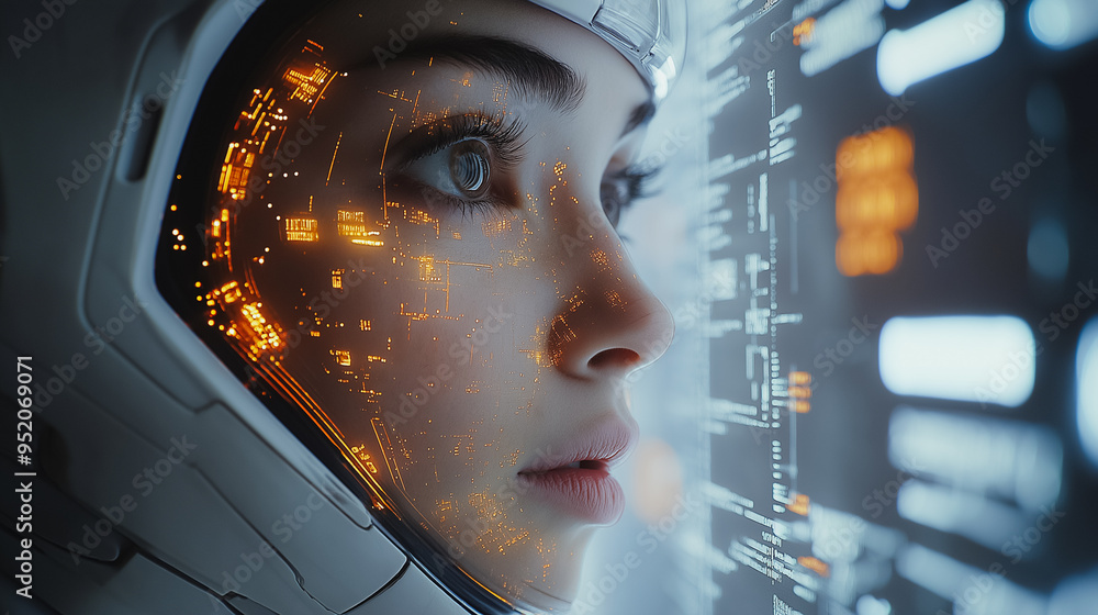 Aufkleber a woman in a space suit with a glowing face staring at a computer screen. concept of futuristic tech