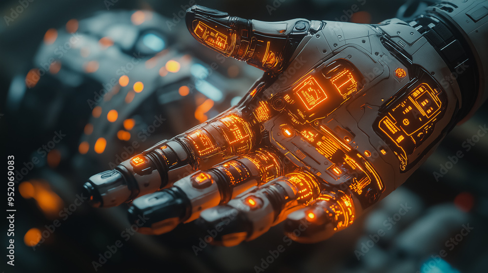 Poster a hand with glowing digits is shown in a futuristic setting