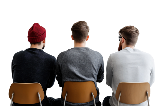 Three men sit on contemporary chairs, focusing on a discussion, their backs turned to the viewer, displaying different styles and haircuts