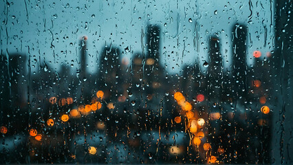 Obraz premium Cityscape Through a Raindrop-Covered Window.