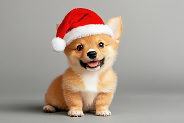 Cheerful Christmas puppy with a Santa hat and a wagging tail