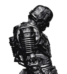 The striking figure of a dark metallic robot stands with a thoughtful posture, showcasing intricate mechanical details and unique design, emphasizing its futuristic qualities
