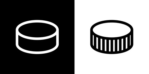 Hockey puck icon. Ice hockey game attribute. Sports equipment.