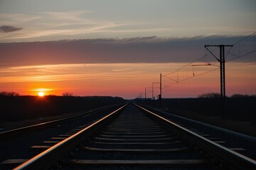 Fototapeta premium Train Tracks Silhouette at Sunset Horizon View