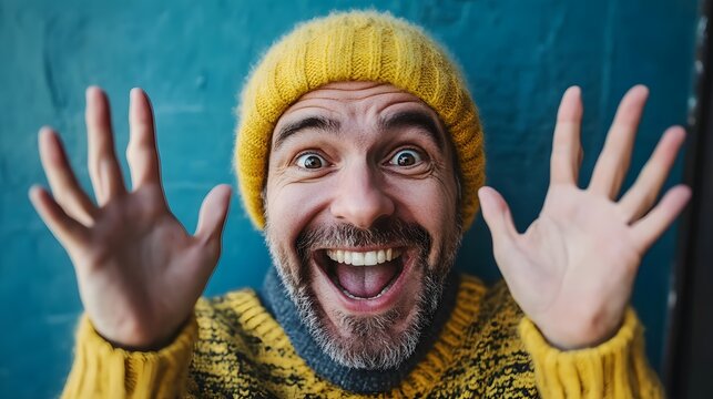 119. A middle-aged person demonstrating excitement with an animated smile and bright eyes