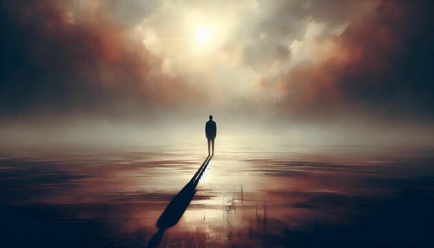 a solitary figure standing in a vast barren desert