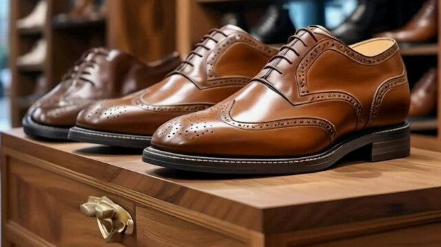 Brown full grain leather brogues on wooden display in in men shoes boutique store with box and cloth shoe bags.High quality HD 4K video clips 