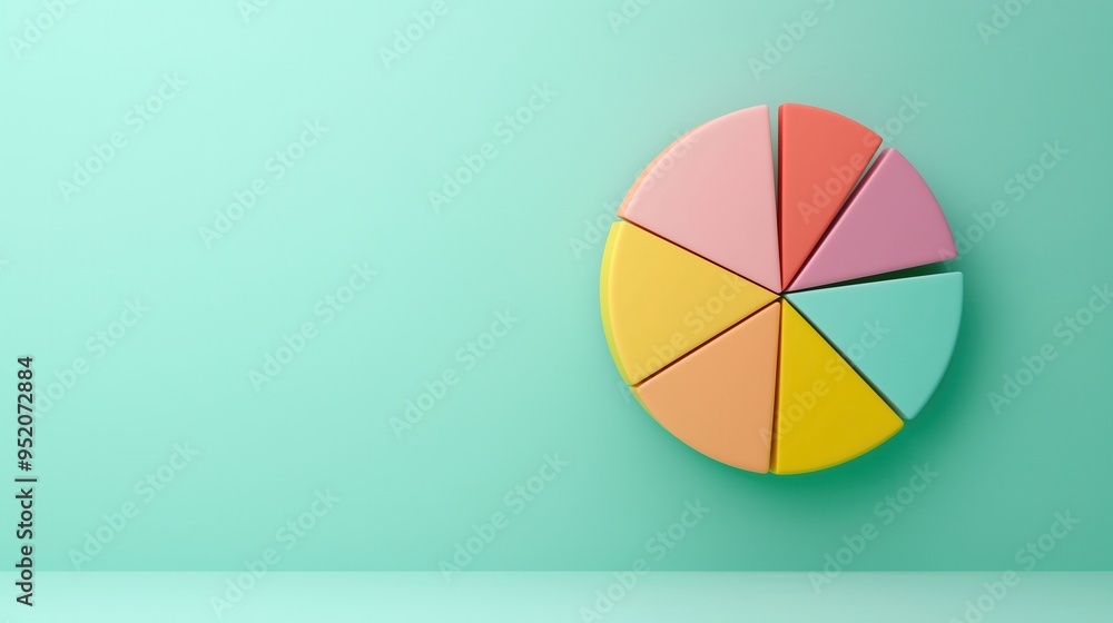Poster a colorful pie chart against a mint green background, representing data visualization and analysis c