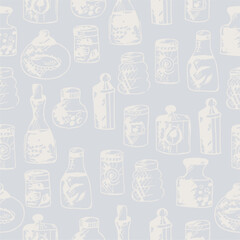 Seamless print pattern with jars and bottles with different food kitchen wallpaper background for textile, paper	