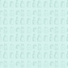 Seamless print pattern with jars and bottles with different food kitchen wallpaper background for textile, paper	