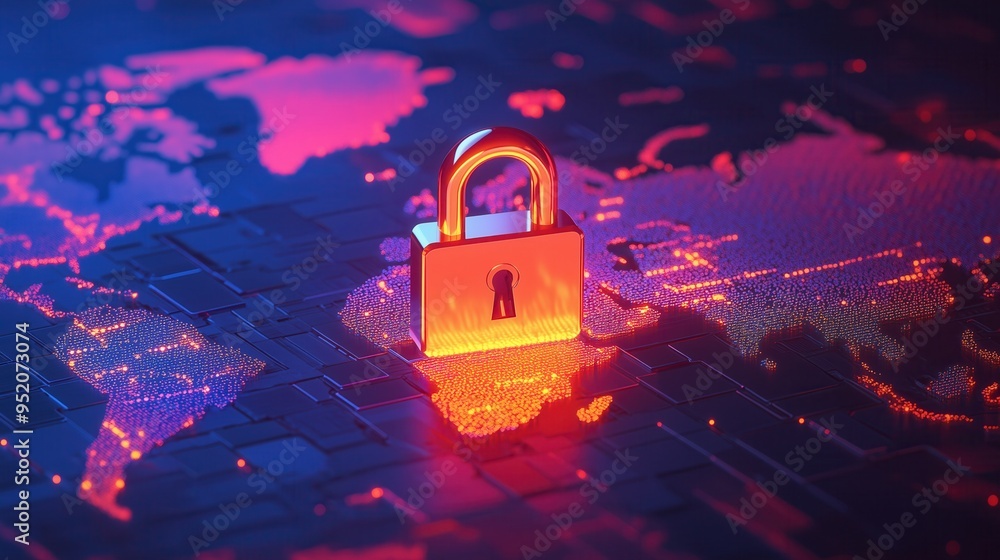 Aufkleber a digital padlock symbolizing cybersecurity and data protection on a glowing world map.