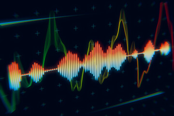 A colorful digital sound wave visualization featuring a dynamic waveform against a dark background.