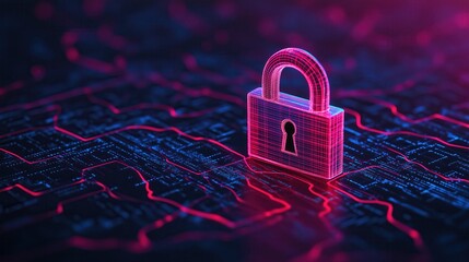 A futuristic digital lock on a vibrant circuit board background, symbolizing cybersecurity and data protection in a modern world.