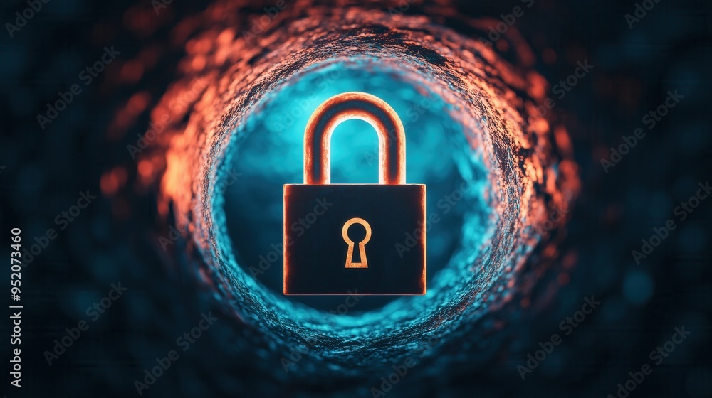 Poster a glowing padlock in a dark tunnel symbolizes security and protection in the digital age, representi